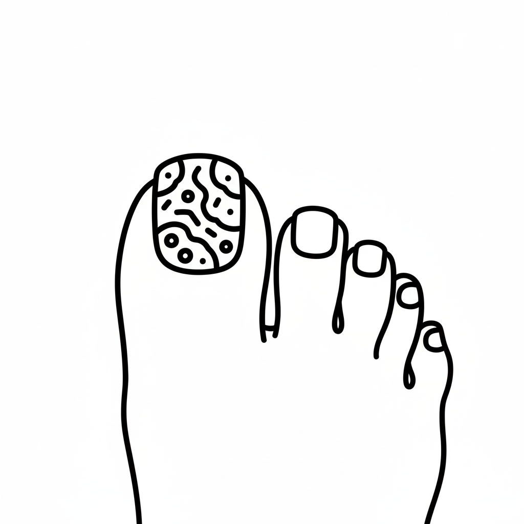 Line-art illustration of a foot with nail fungus